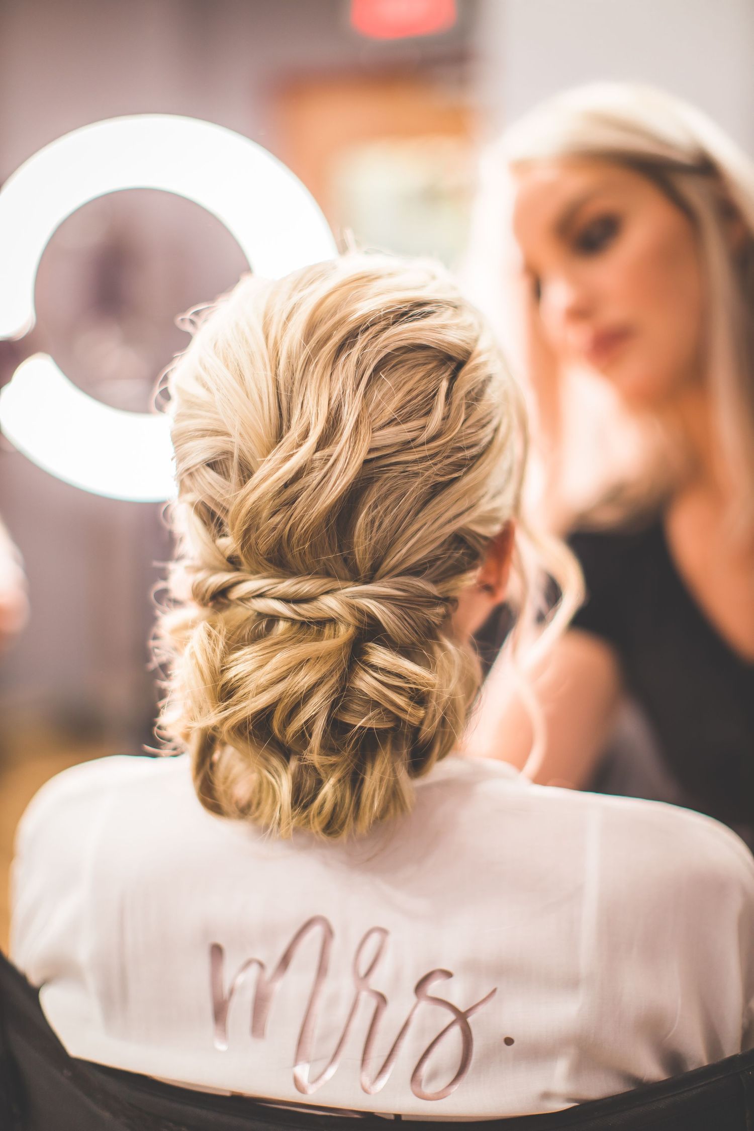 Elegant braided updo hairstyle with rose gold details shown from behind.