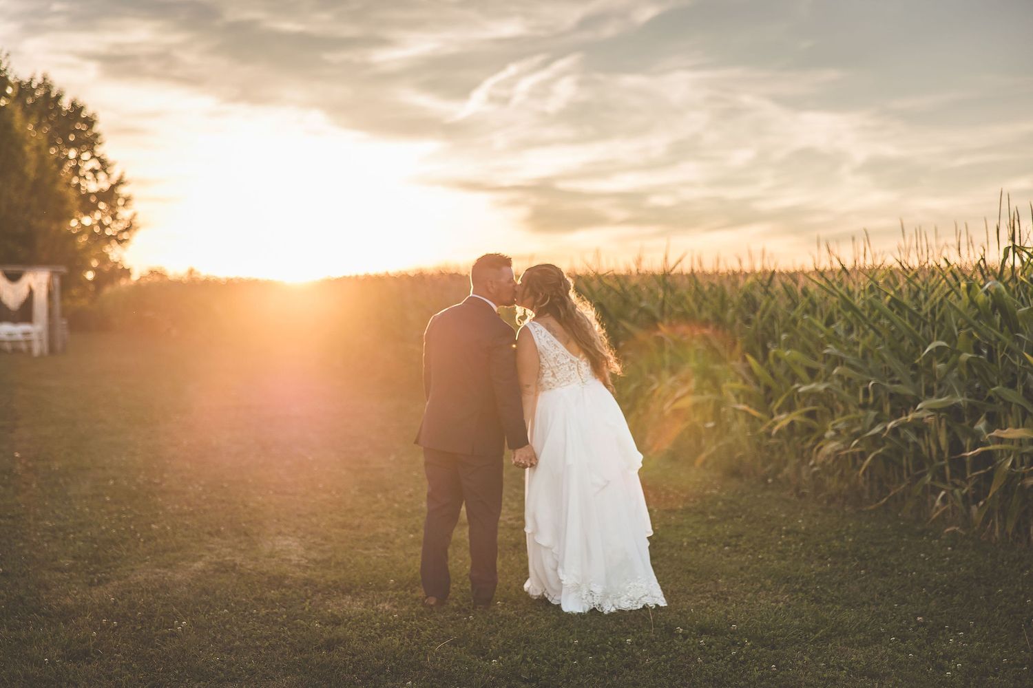 Romantic sunset wedding portraits with cornfield backdrop and warm lighting.