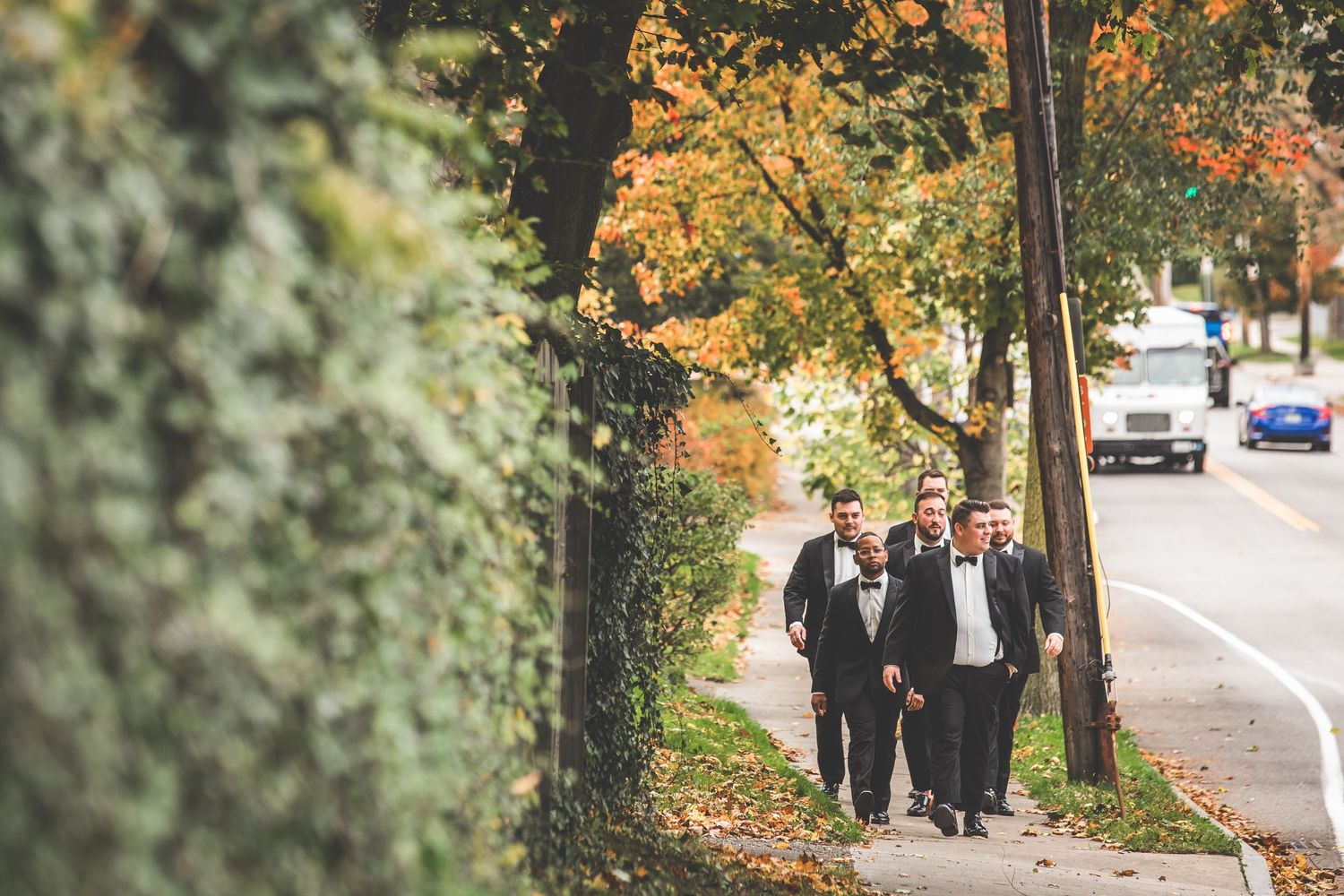 Wedding party walks along a tree-lined street with autumn foliage in the background.