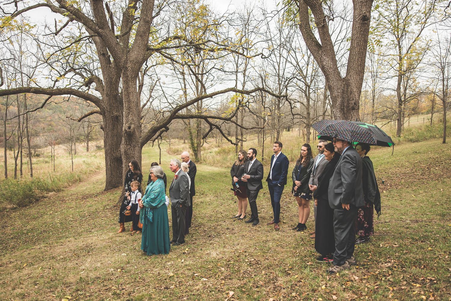 Wedding party gathered outdoors with some members holding umbrellas in autumn setting.