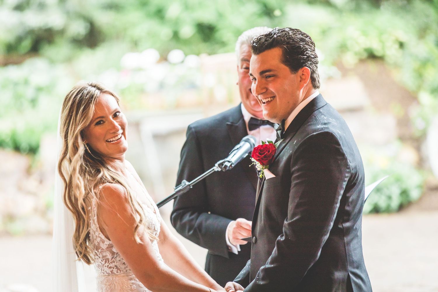 Candid moments during an outdoor wedding ceremony with natural lighting.