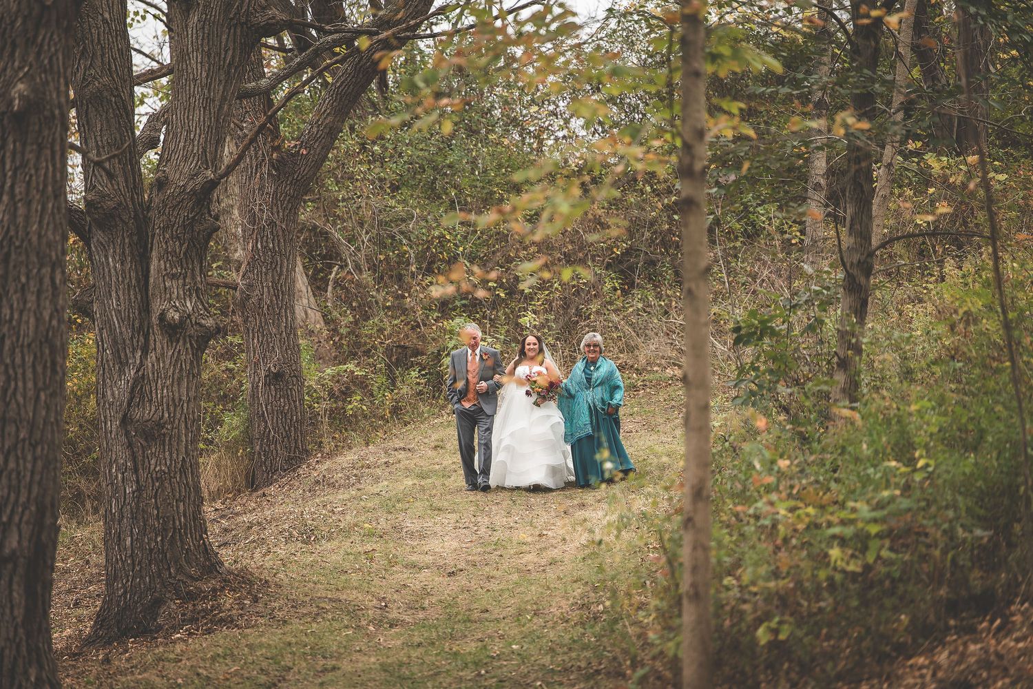 Natural wooded path with tall trees and scattered autumn leaves.