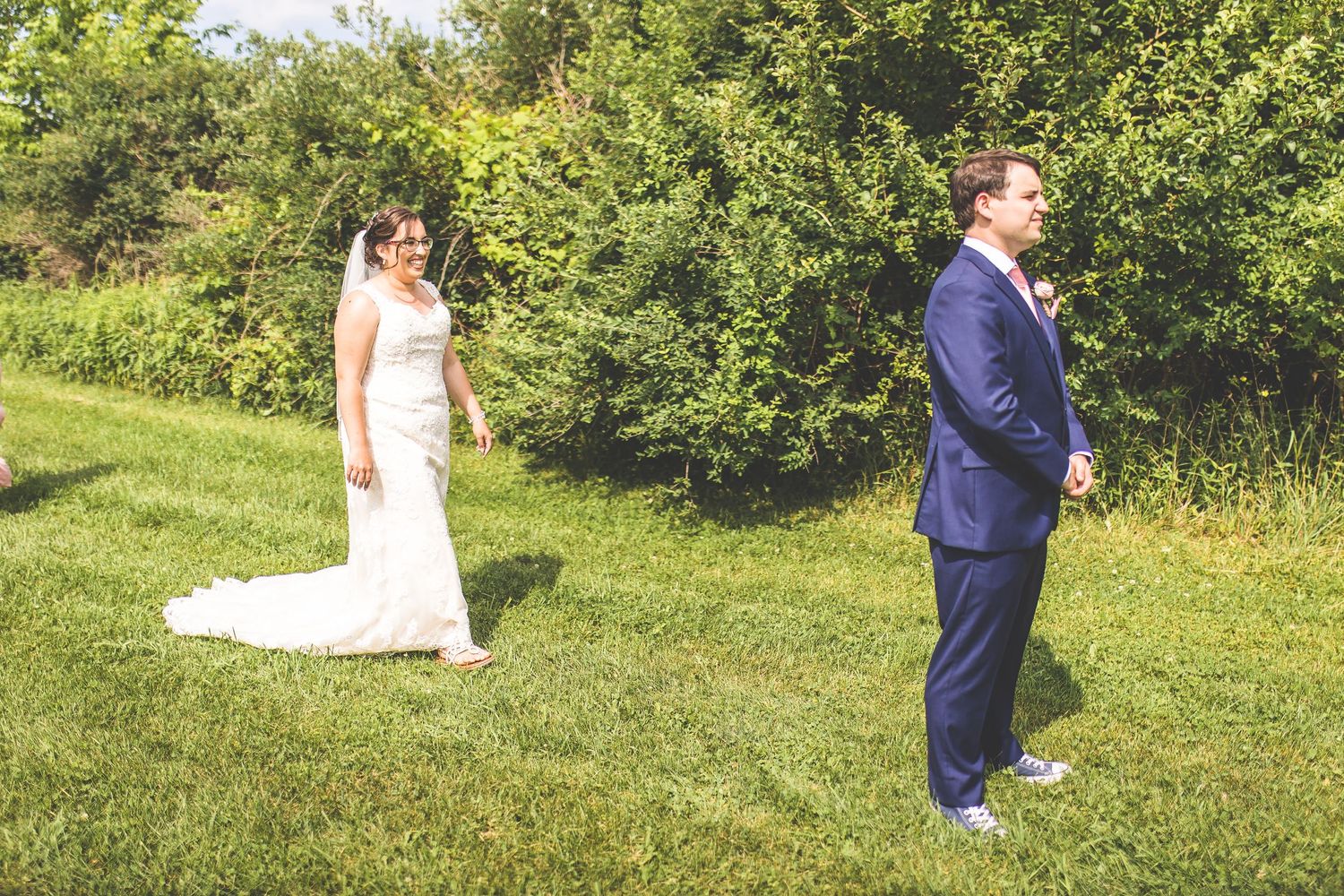 Candid wedding photography sequence in a beautiful garden setting.
