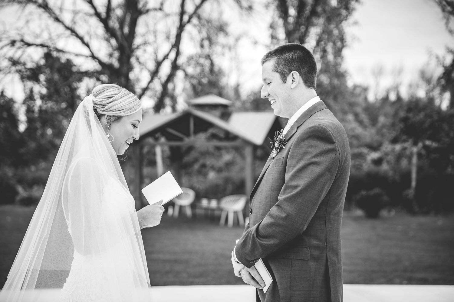 Black and white first look photos showing emotional reactions.