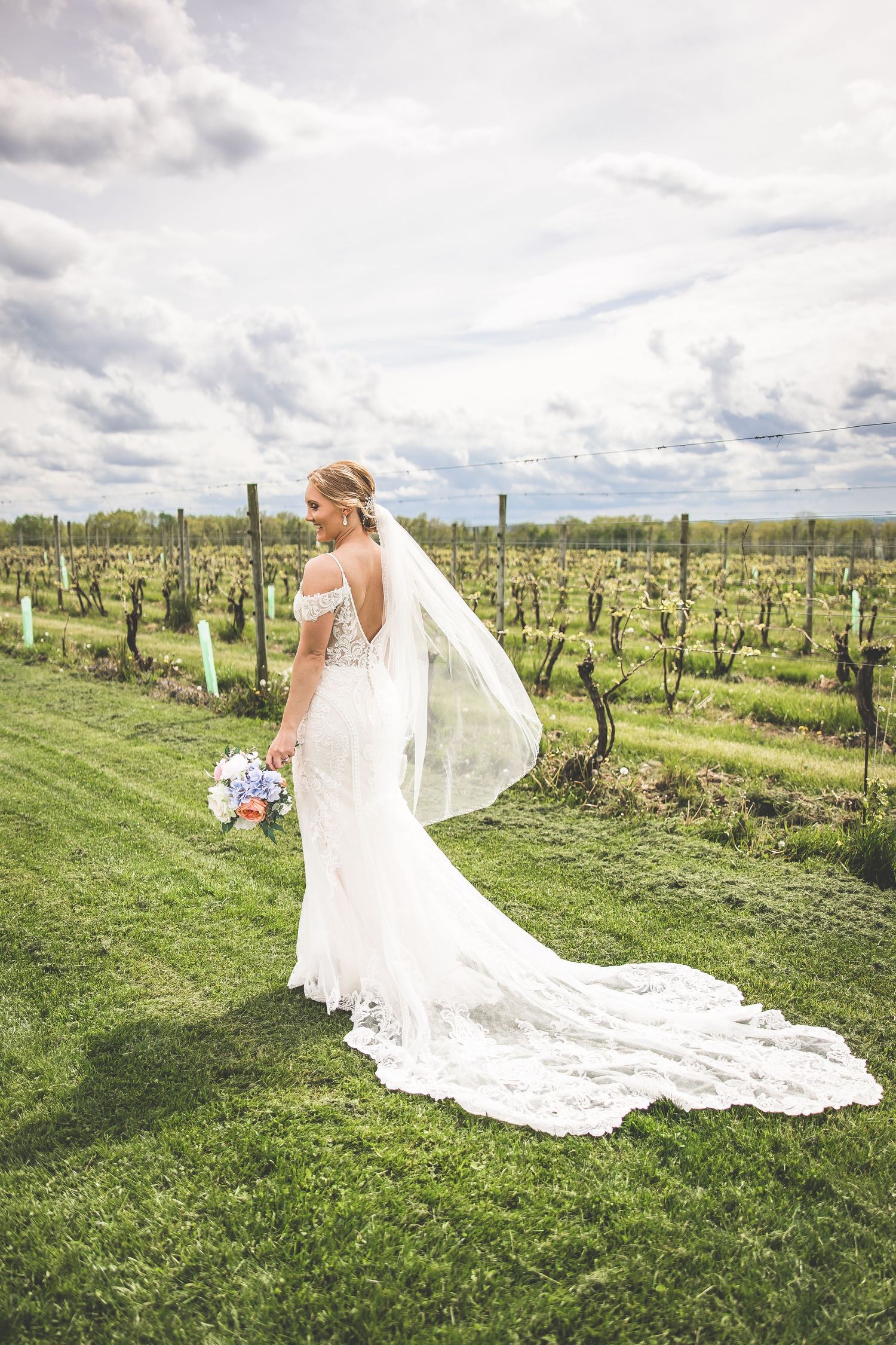 A flowing white wedding dress with a long lace train captured in a scenic vineyard setting.