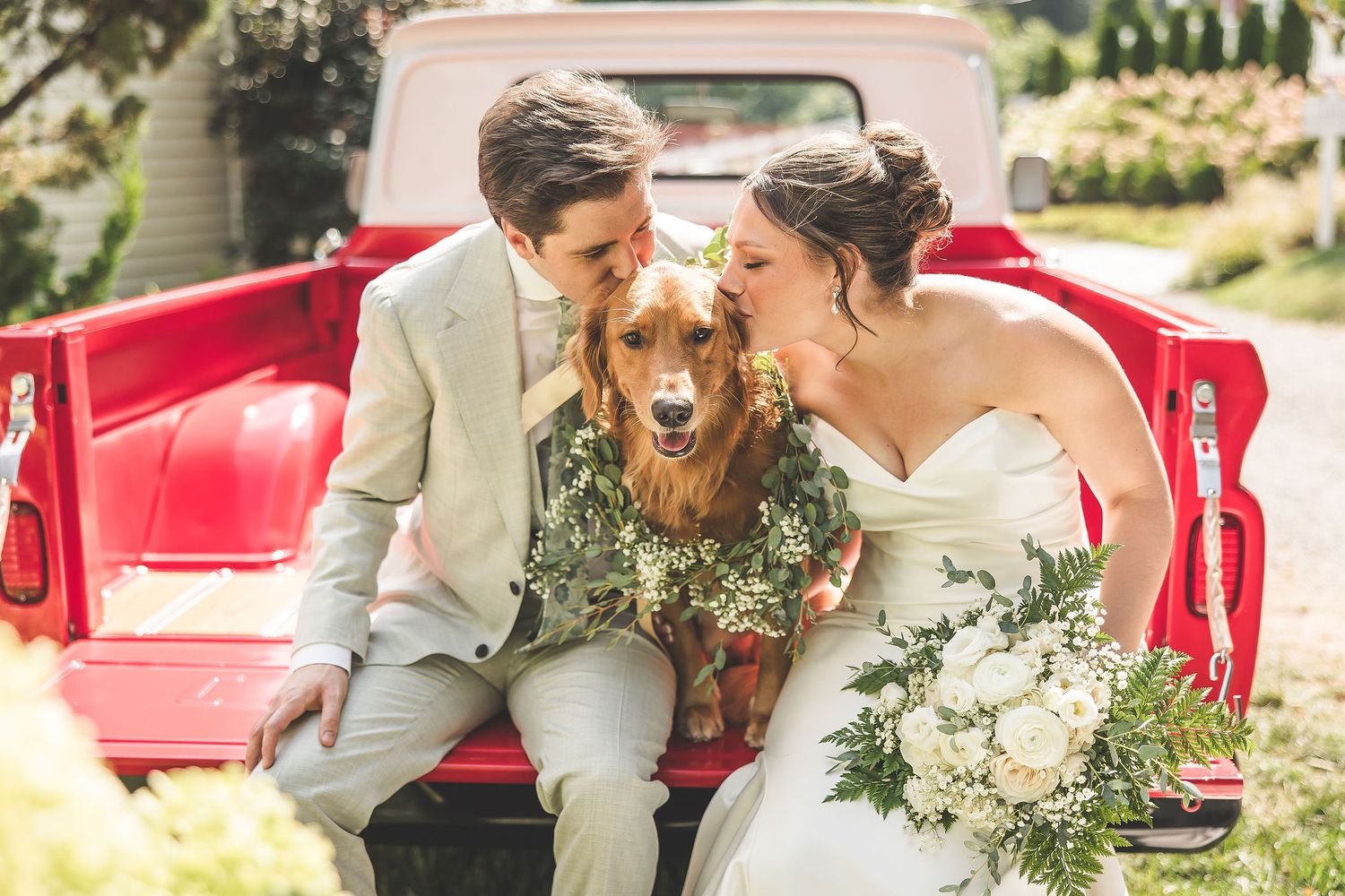 Rustic wedding portraits with red truck and surprising appearance of a friendly goat.