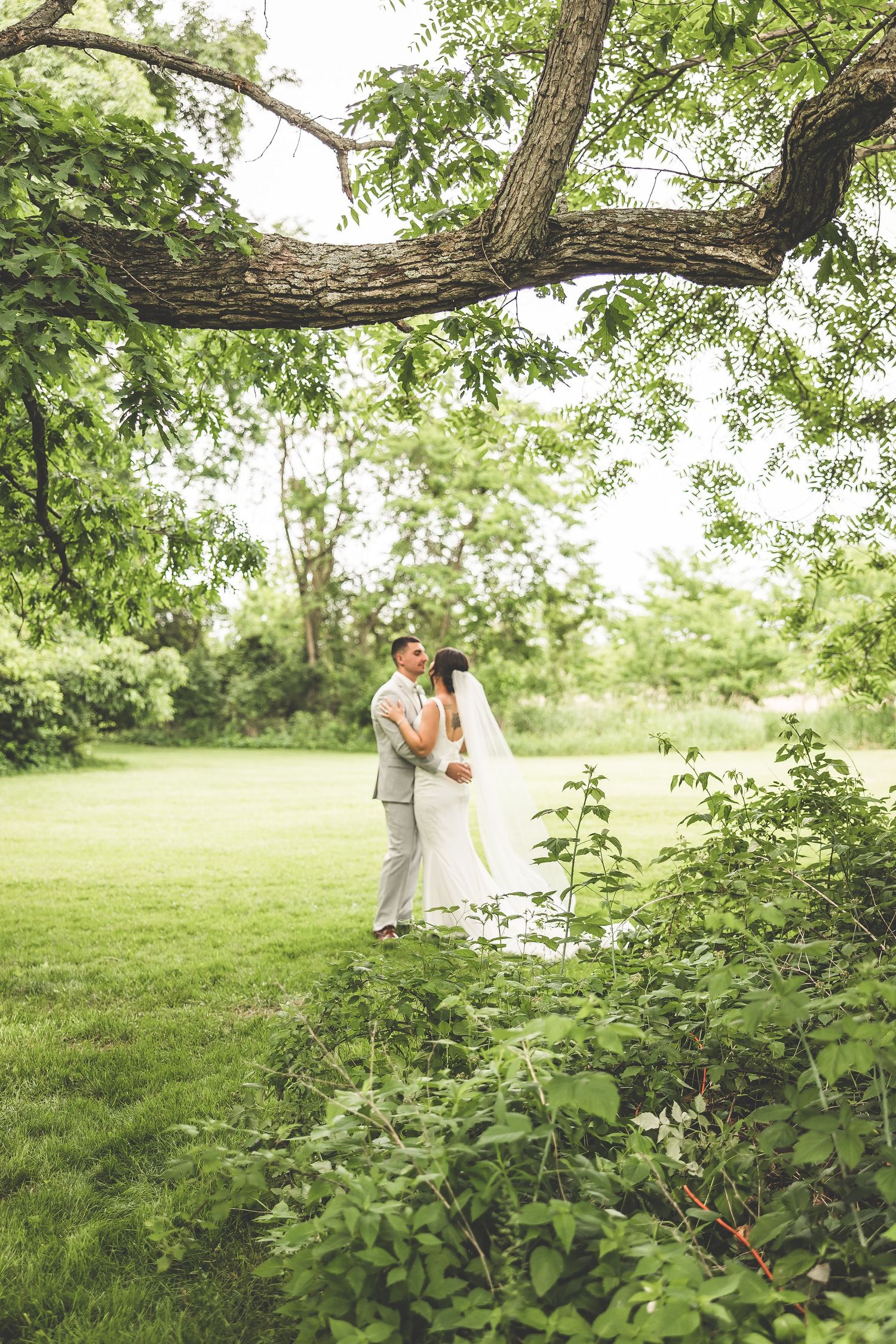 Wedding couple portraits taken under large tree branches in a serene garden setting.