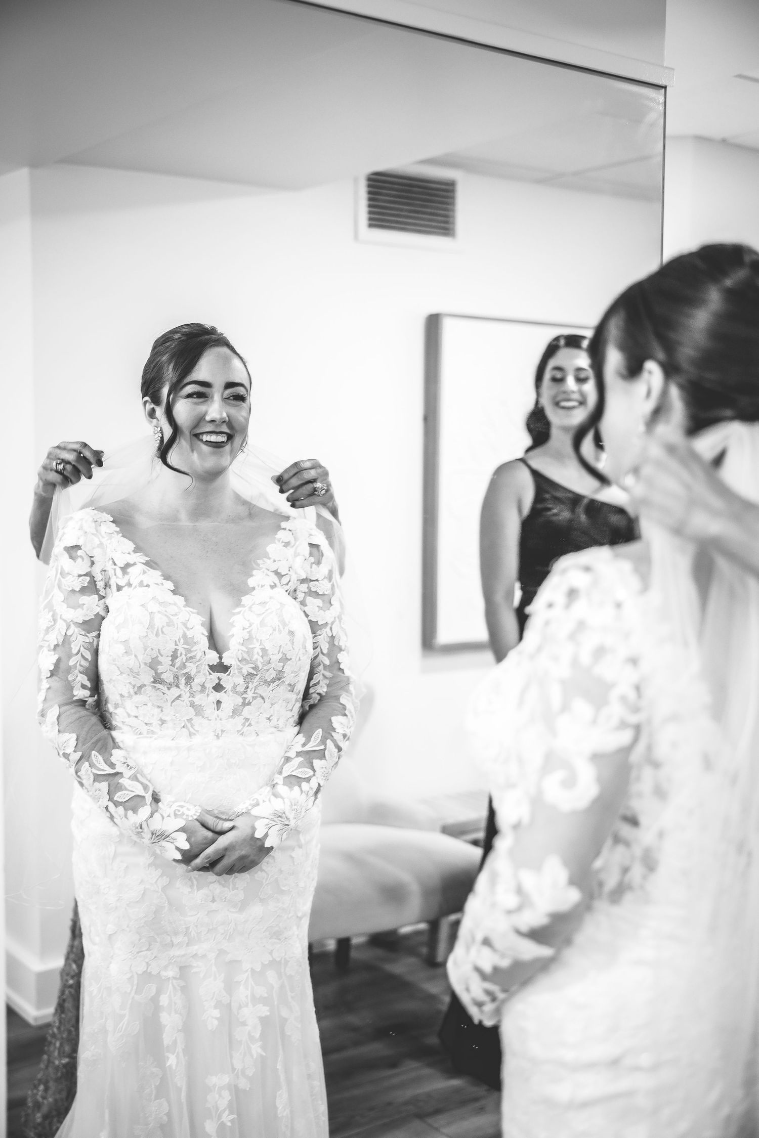 Series of candid moments during wedding dress preparations showing lace details and emotional reactions.
