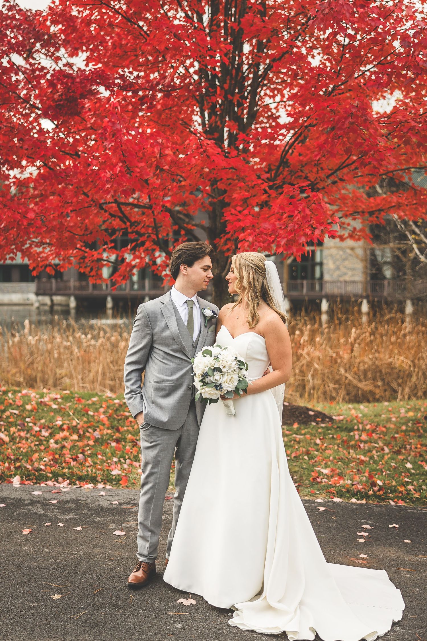 Wedding couple poses under vibrant red maple trees on autumn day.
