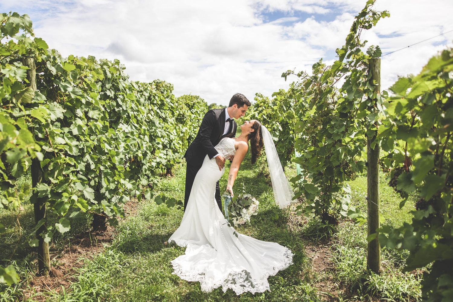 Wedding photoshoot in a scenic vineyard with rows of grapevines.