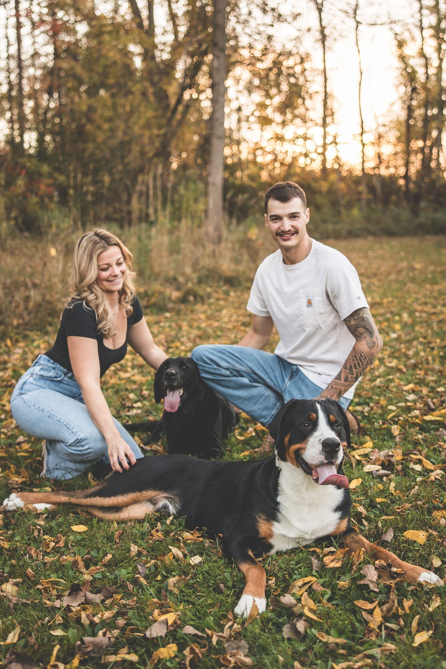A couple plays with their Bernese Mountain Dog on fallen autumn leaves in a park.