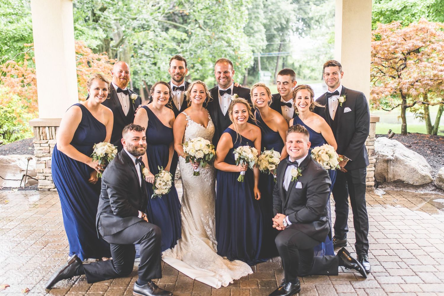 Fun group photos of wedding party showing candid moments and laughter.