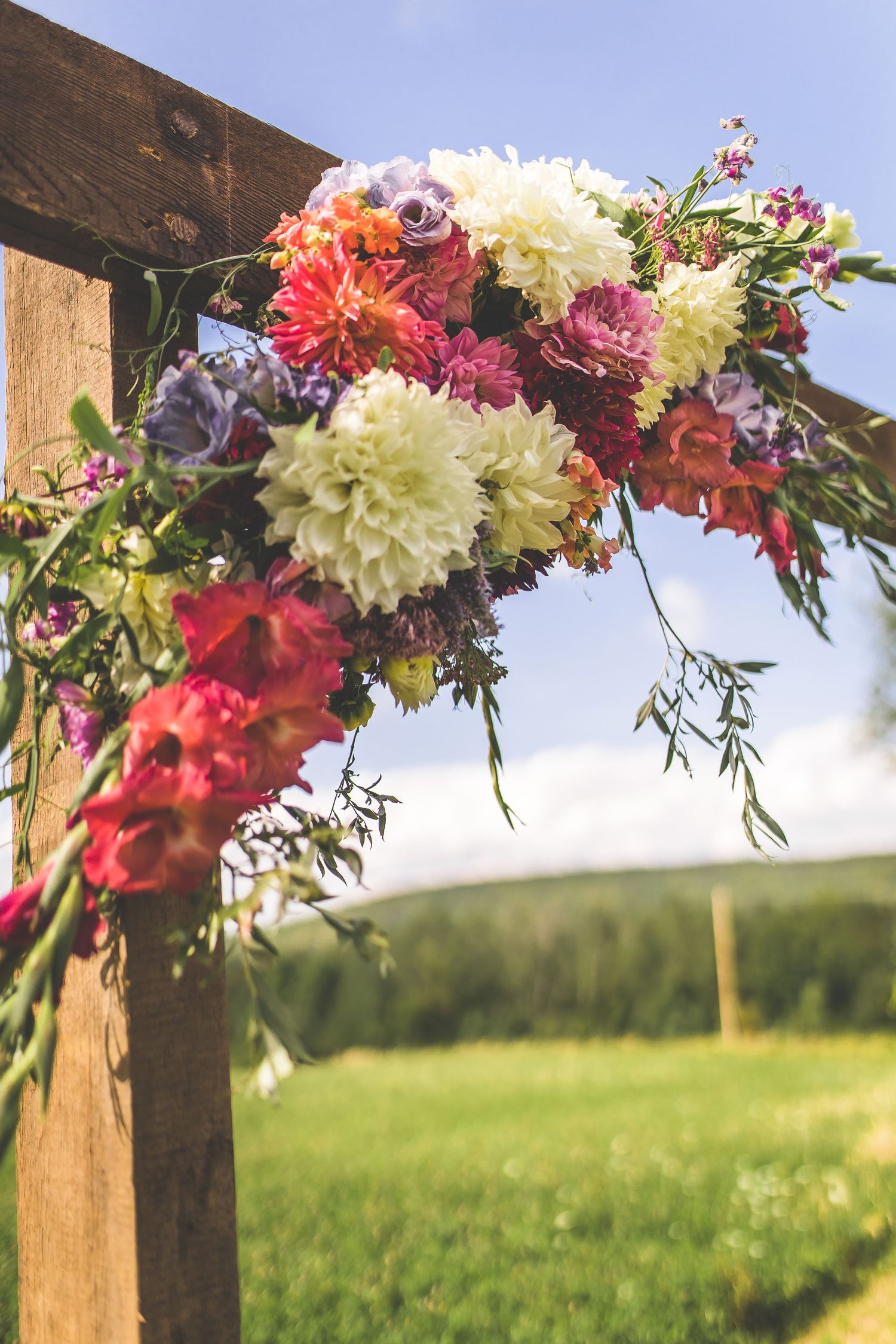 Colorful floral arrangements with red and white blooms decorate a wooden arch against a blue sky.