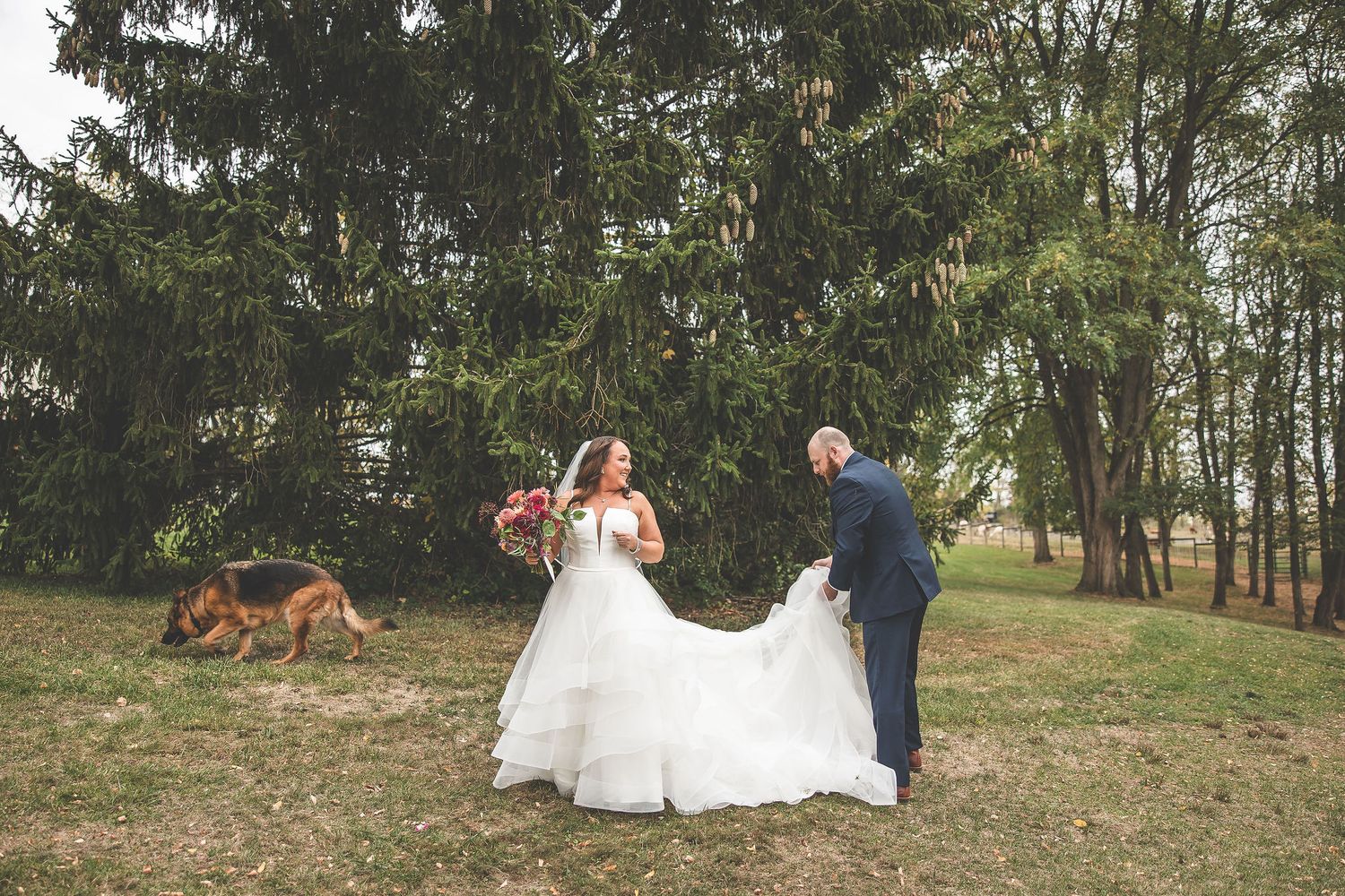A series of candid wedding photos showing the couple's natural interactions in an outdoor setting.