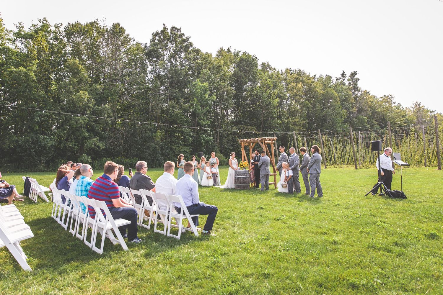 Wide view of wedding guests seated in white chairs on a green hillside.