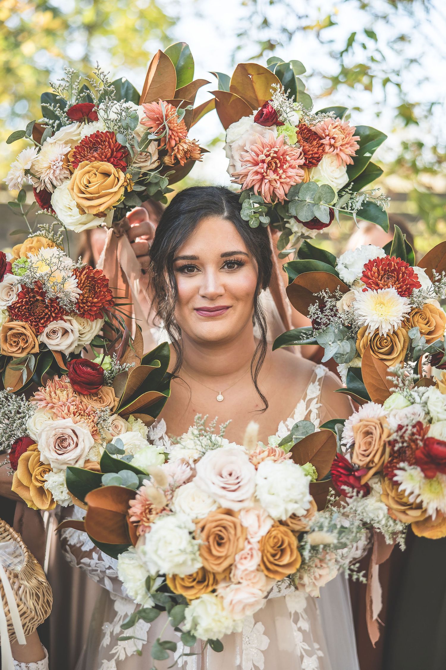 Beautiful floral crowns and bouquets featuring roses and dahlias in autumn colors.