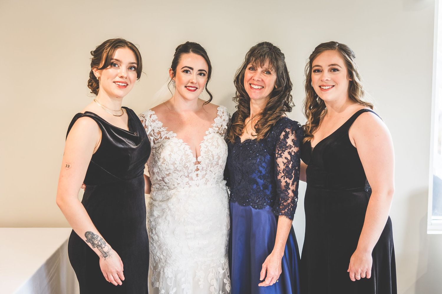 Candid group photos of bridal party in indoor setting.