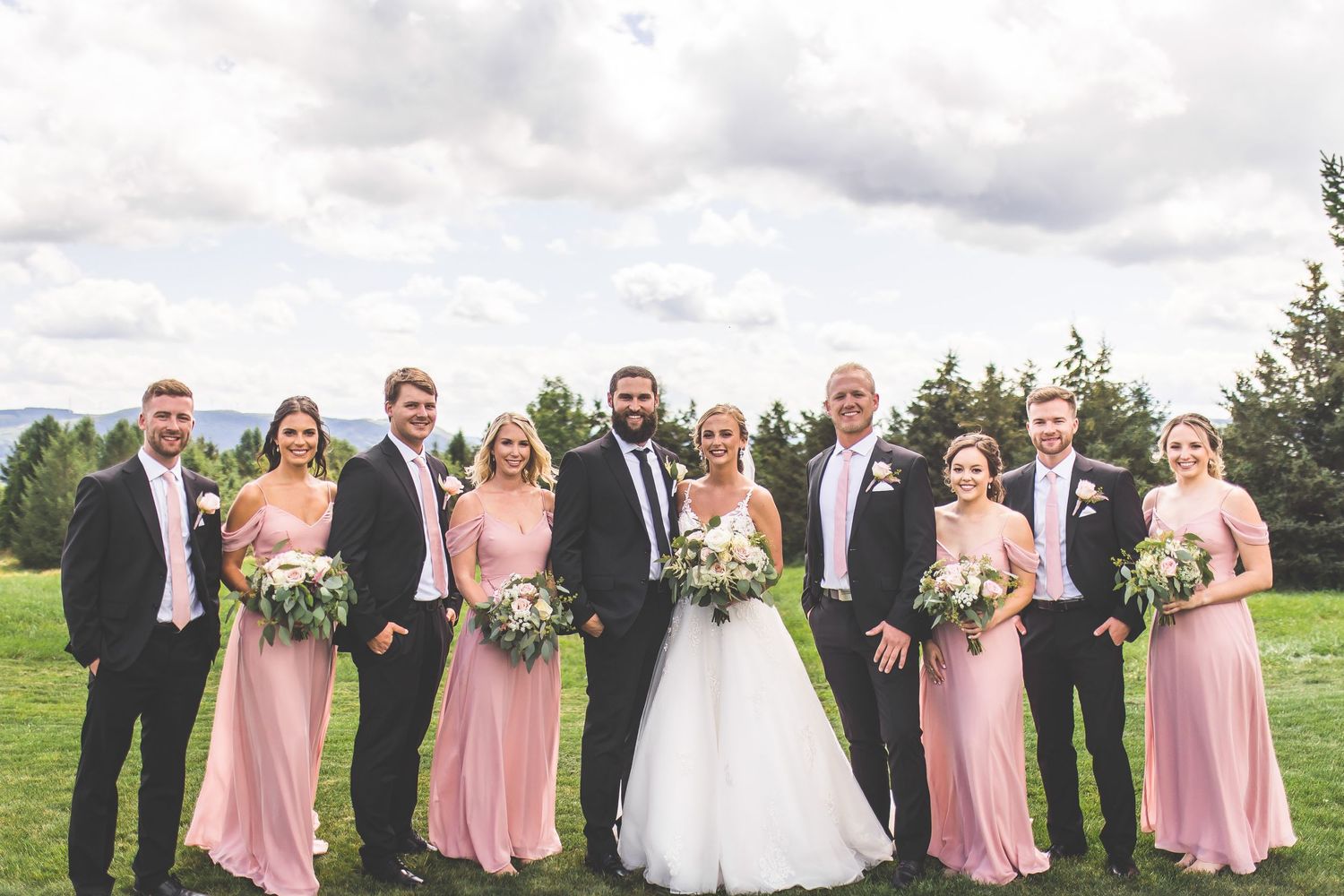 Wedding party stands in line on grassy field under cloudy sky wearing pink dresses and dark suits.