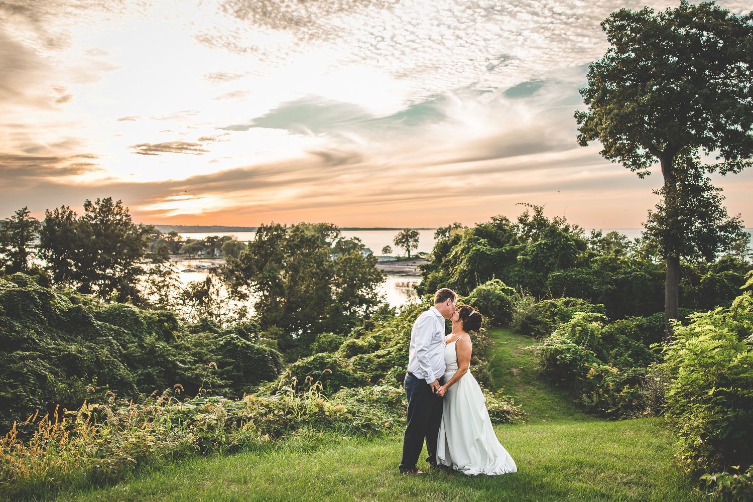 Panoramic wedding photography sequence showing romantic moments at sunset.