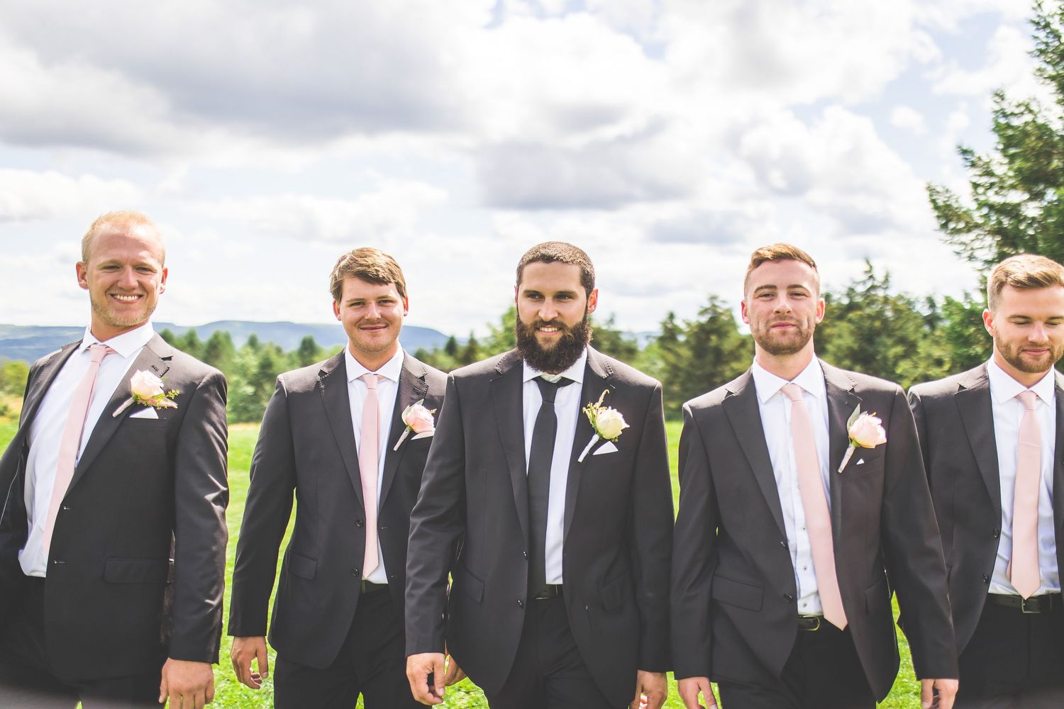 Wedding party members in formal attire stand in a line on grassy field under cloudy skies.