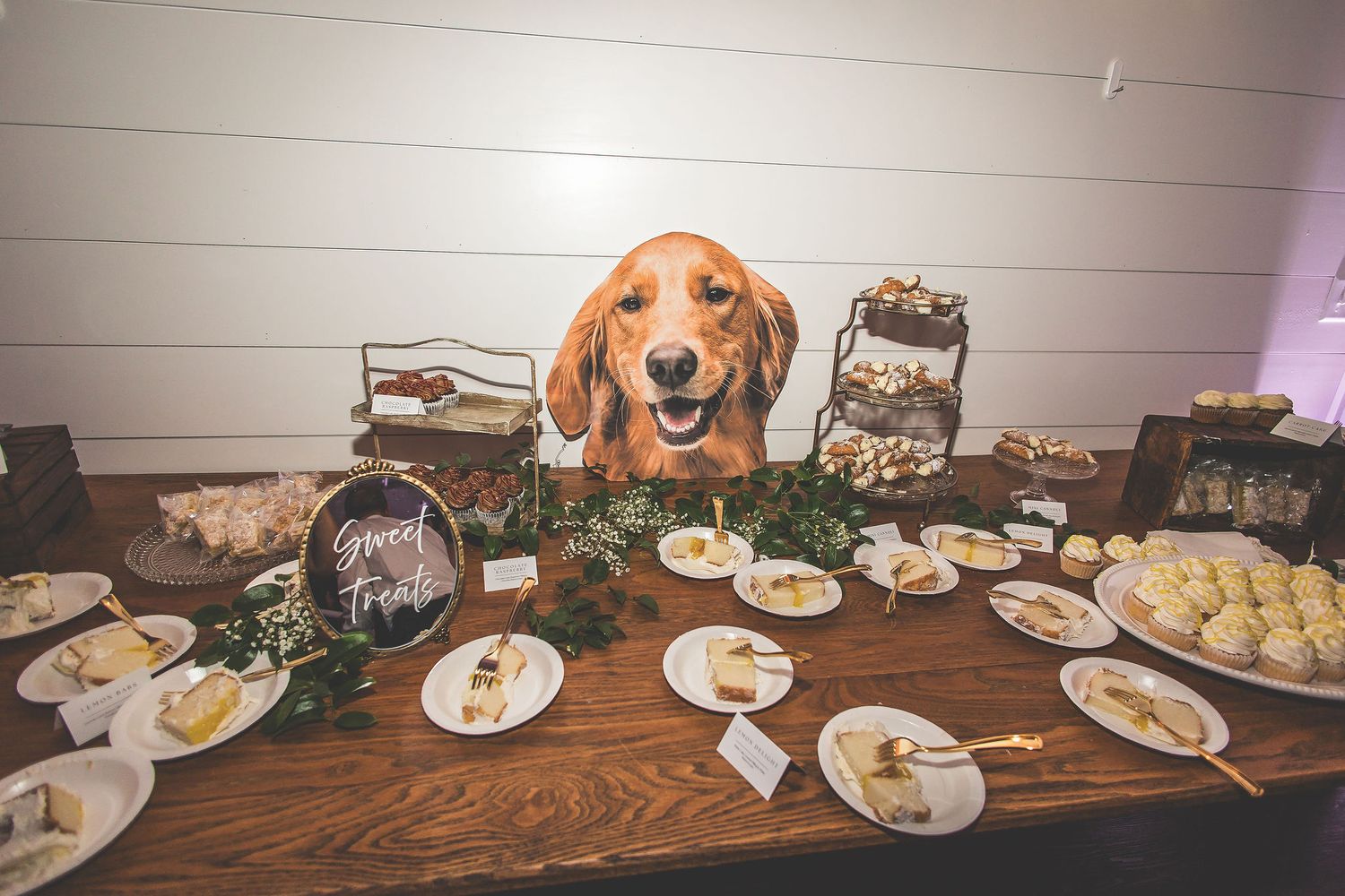 Golden retriever poses behind a table of partially eaten wedding reception food and plates.