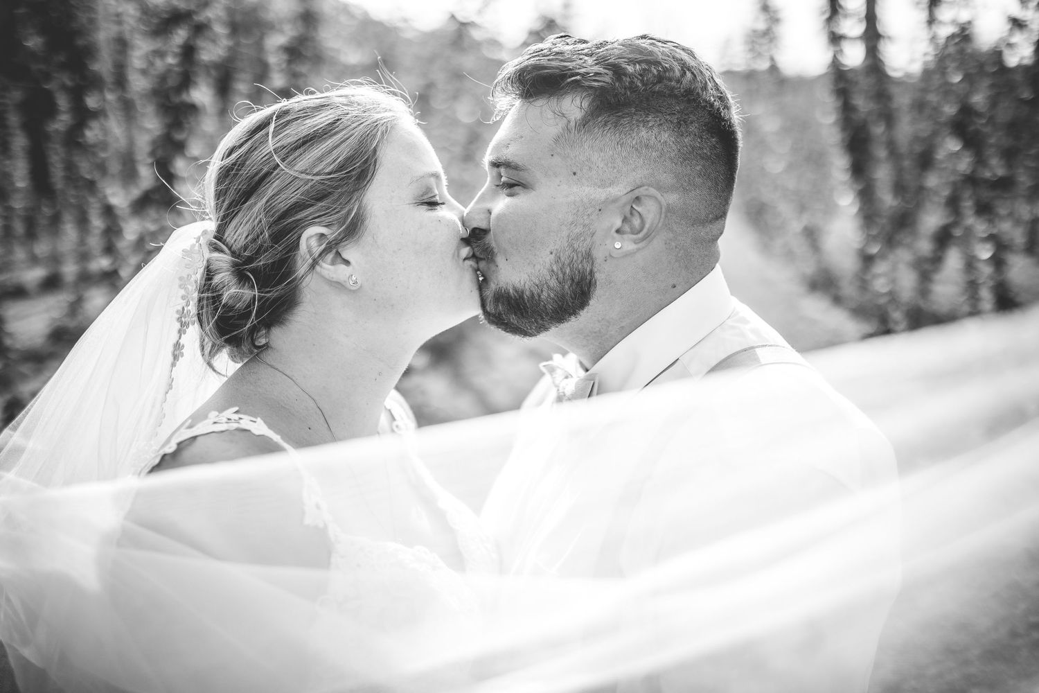 Black and white wedding portraits showing intimate moments under a delicate veil.
