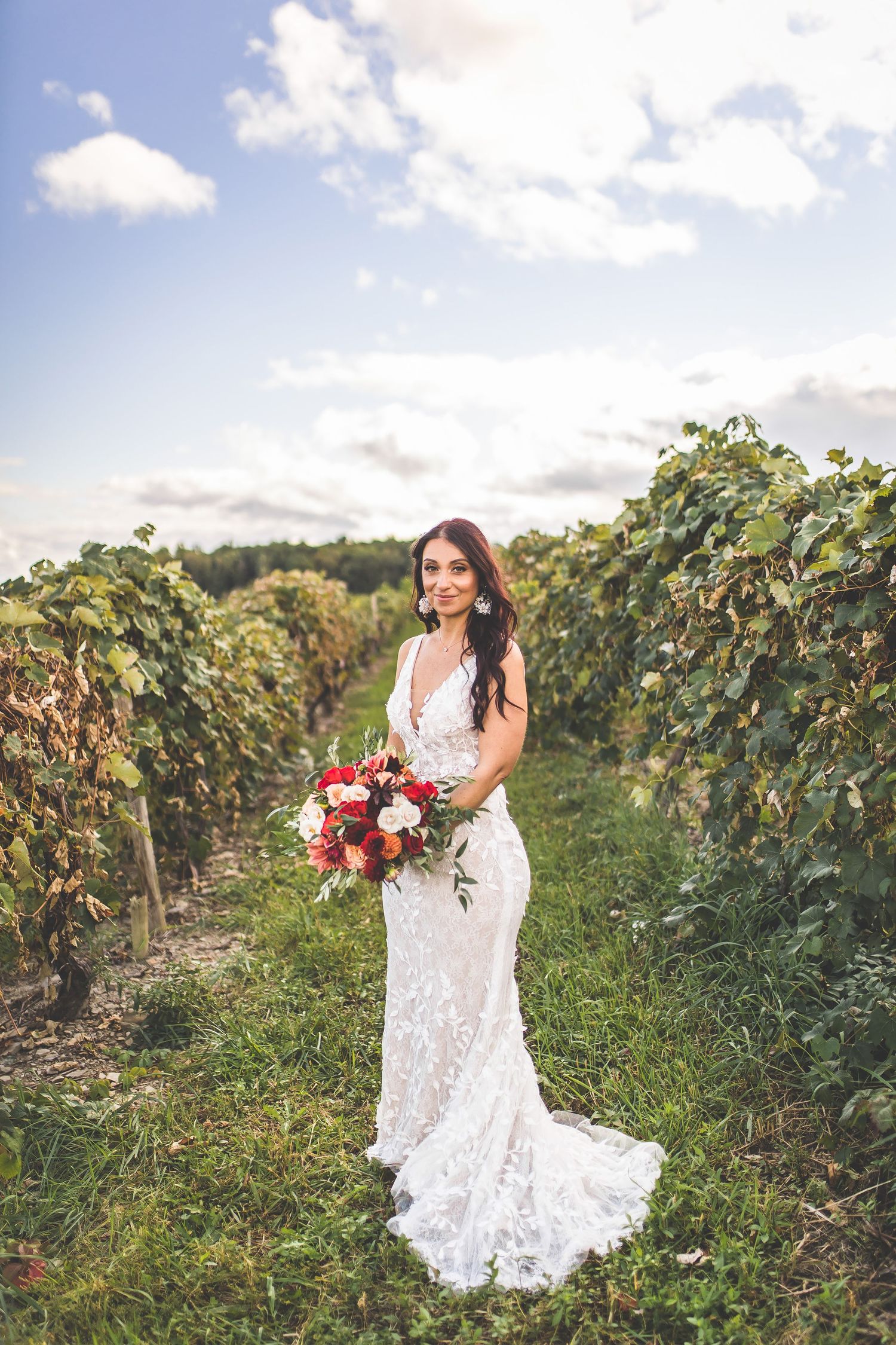 Bride in lace wedding dress holds vibrant red and pink bouquet in vineyard setting.