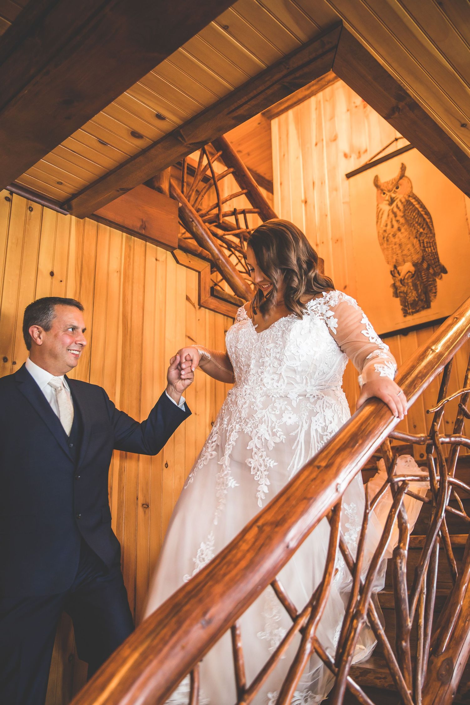 A sequence of wedding photos showing the bride in a lace dress ascending rustic wooden stairs.