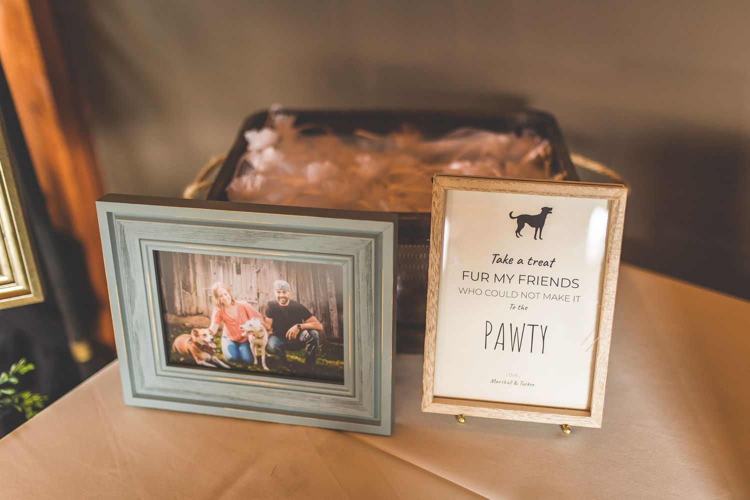 Wedding reception decor featuring a framed photo and party signage in soft blue tones.