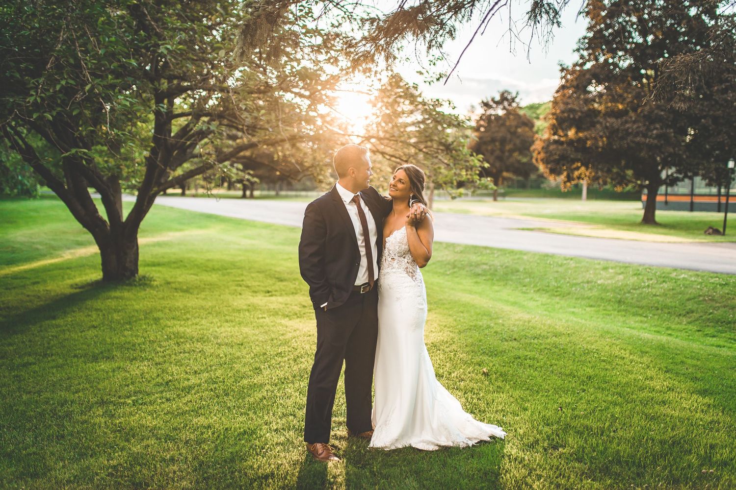 Wedding photography series with beautiful natural lighting on golf course.