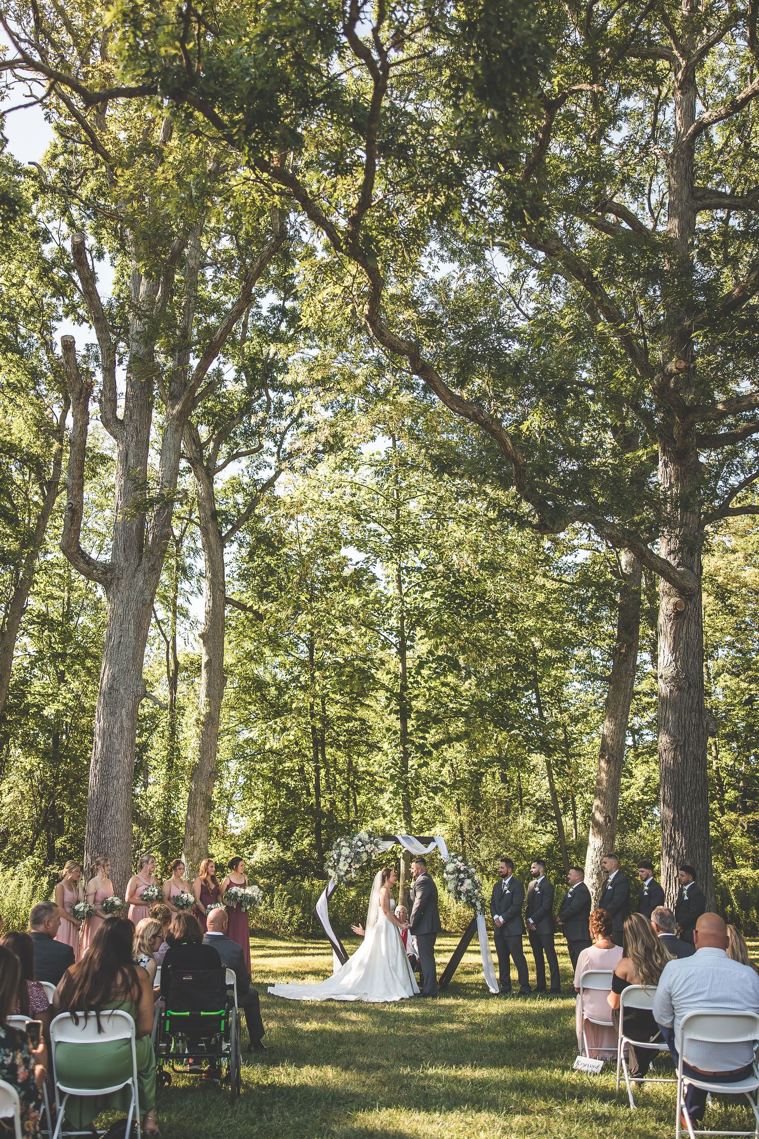 Wide view of outdoor wedding ceremony with guests seated among tall trees.