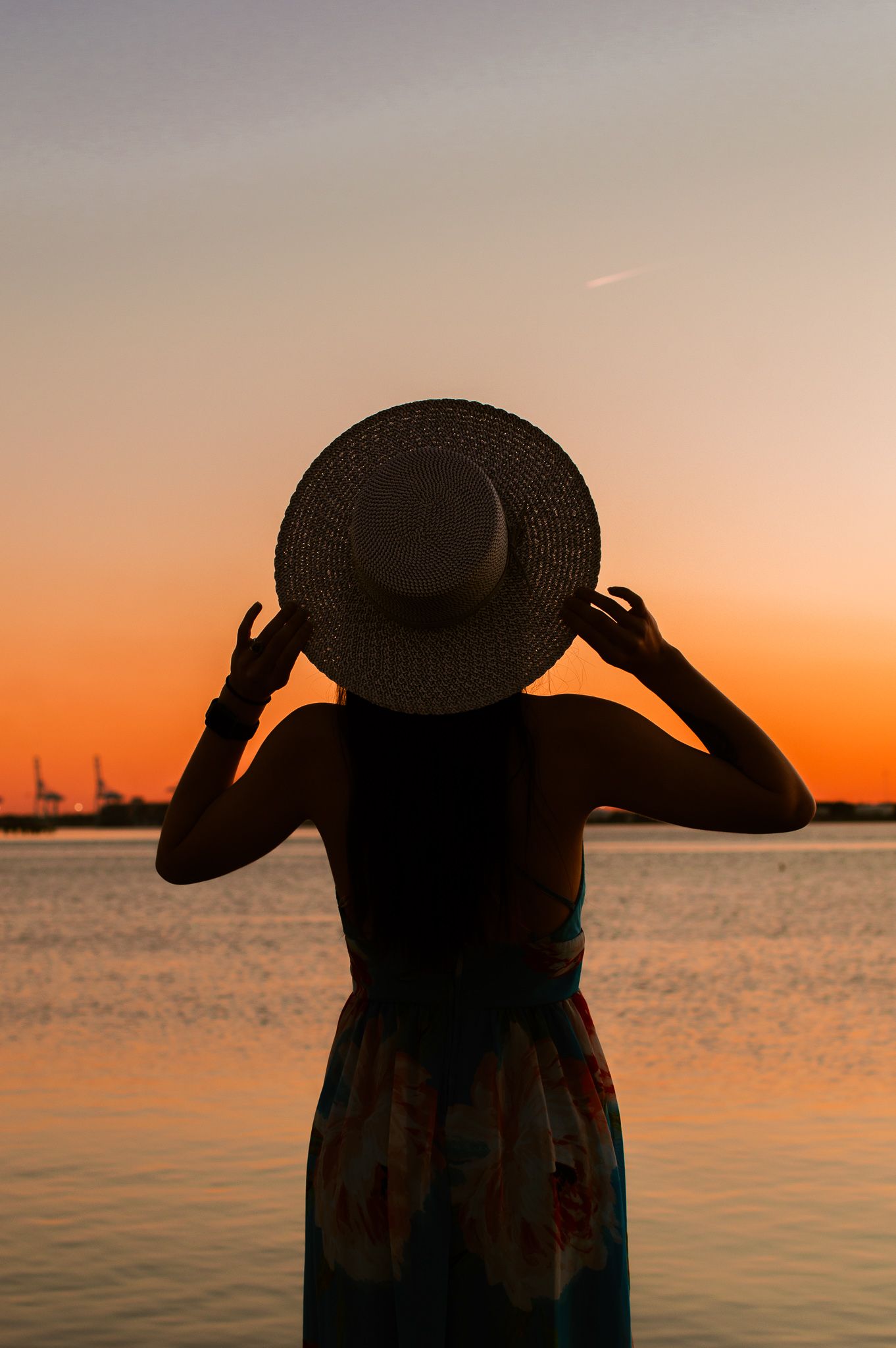 Silhouette of person holding wide-brimmed hat against orange sunset over water.