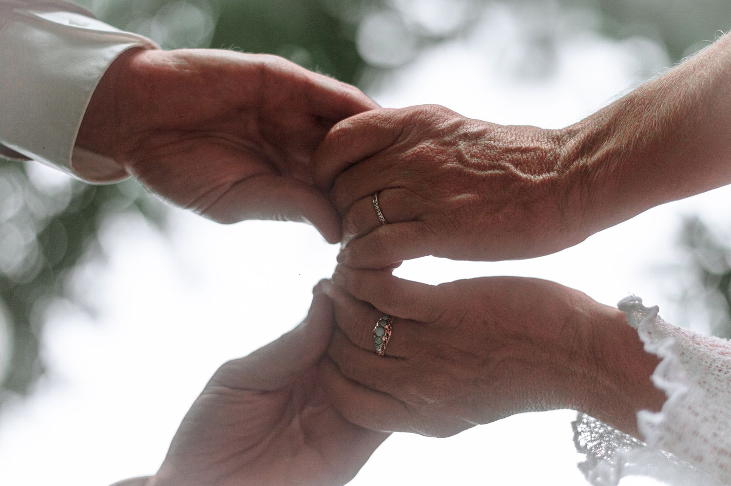 Close-up of hands exchanging wedding rings in natural outdoor lighting.