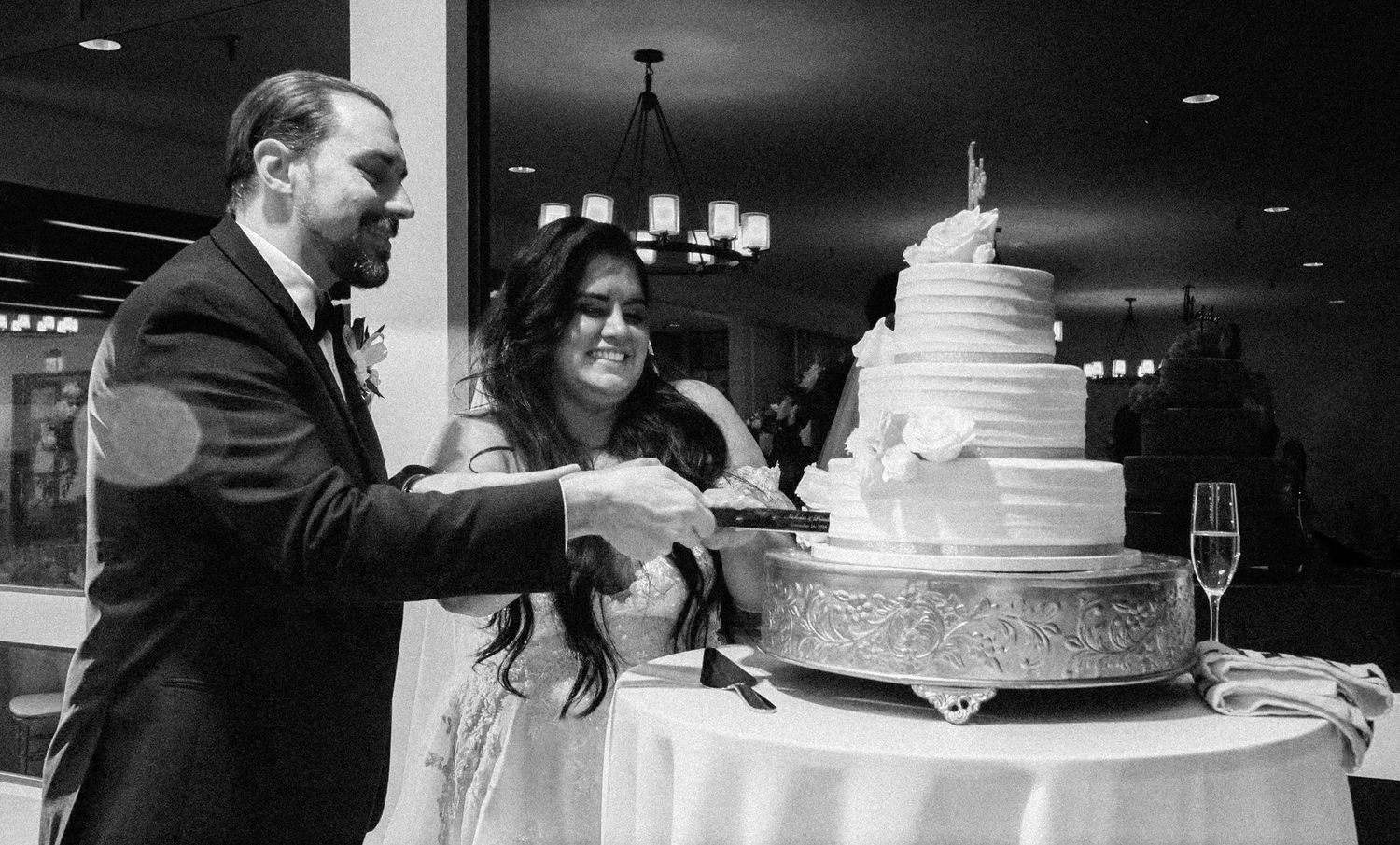 A wedding celebration collage showing couples dancing, cake cutting, and romantic moments at an elegant indoor reception.