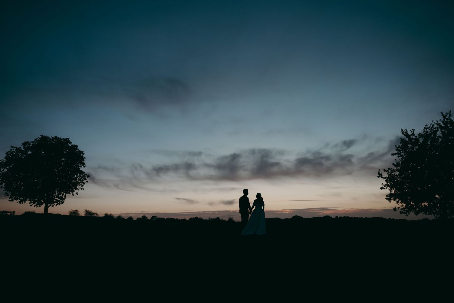 Silhouette of a couple holding hands at sunset with trees framing a colorful dusk sky.