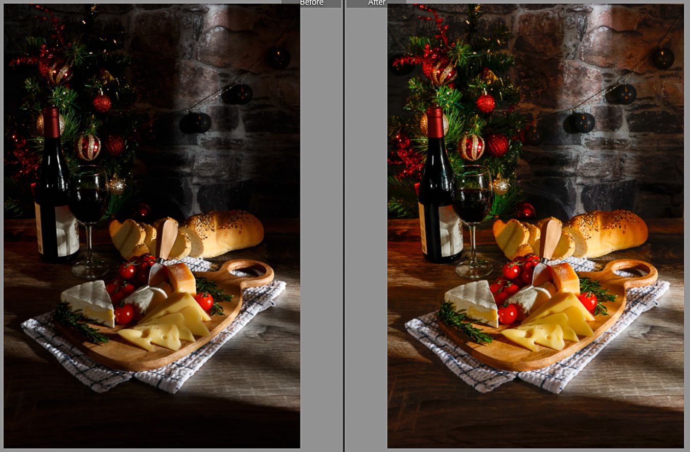 A festive cheese and bread charcuterie board with wine bottles and Christmas decorations on a rustic wooden table.