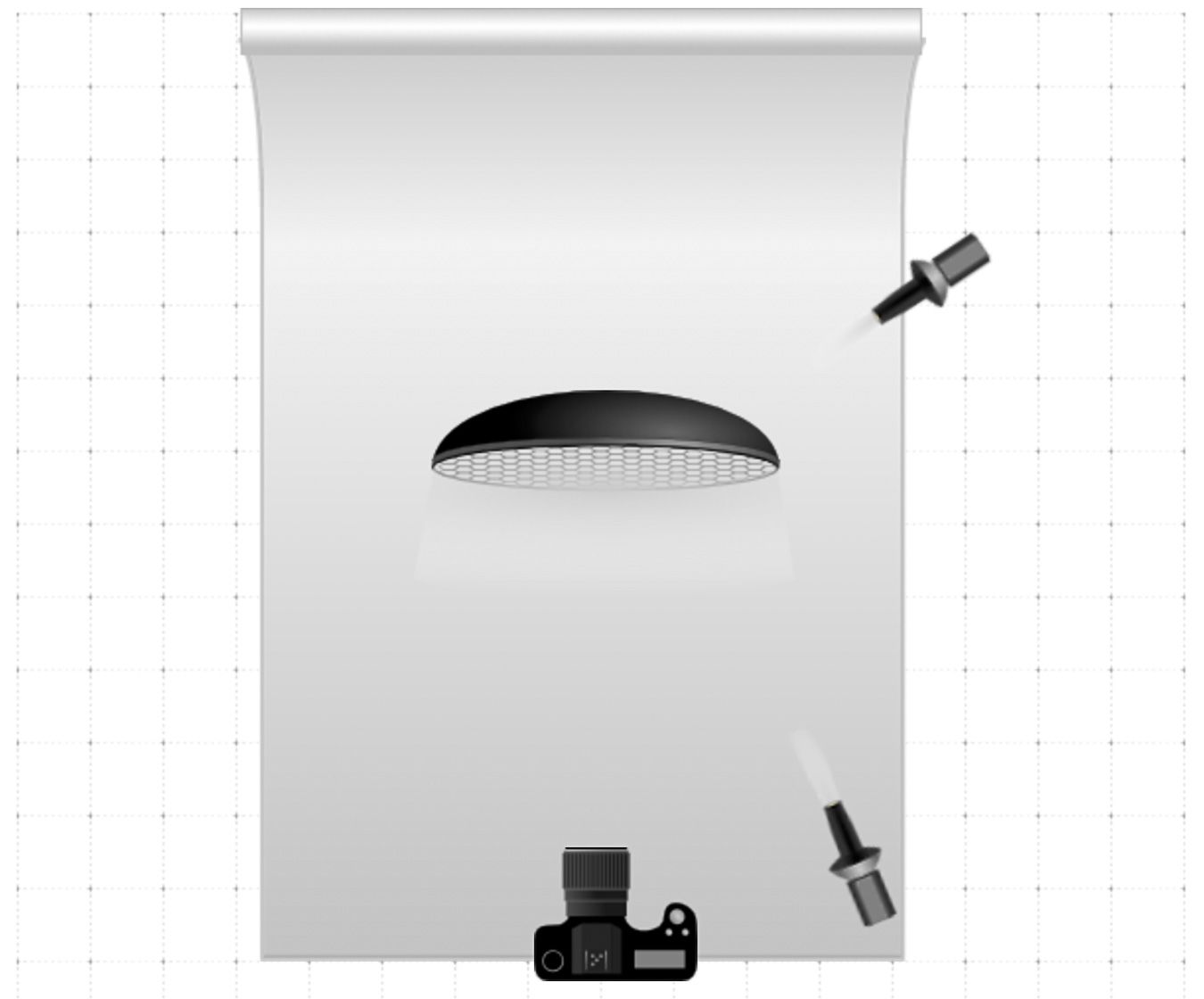 Photography studio setup diagram showing a camera, overhead softbox light, and two speedlights against a white backdrop.