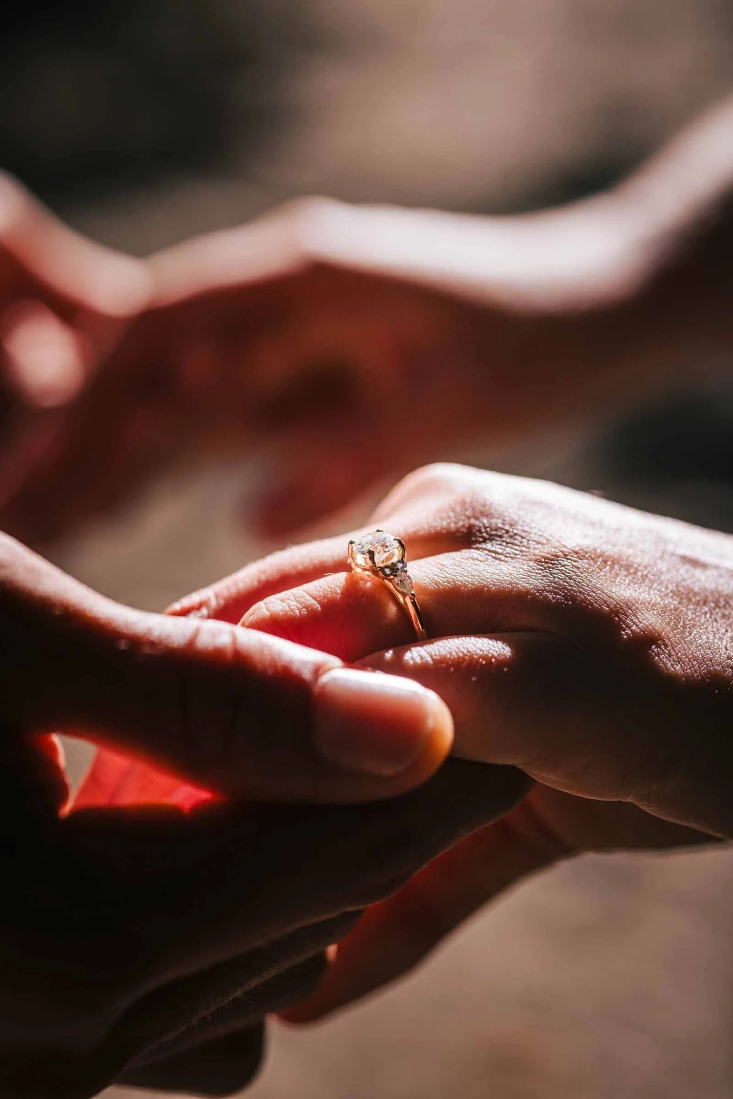 Two people exchanging rings, one wearing a gold band on their finger during a wedding moment. Engagement at Borderland State Park