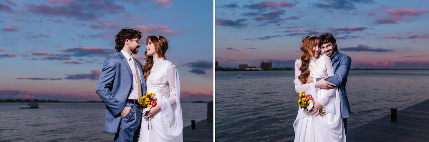 The bride and groom embrace and smile at one another joyously for a loving portrait at Fan Pier Park in Boston Harbor for their elopement