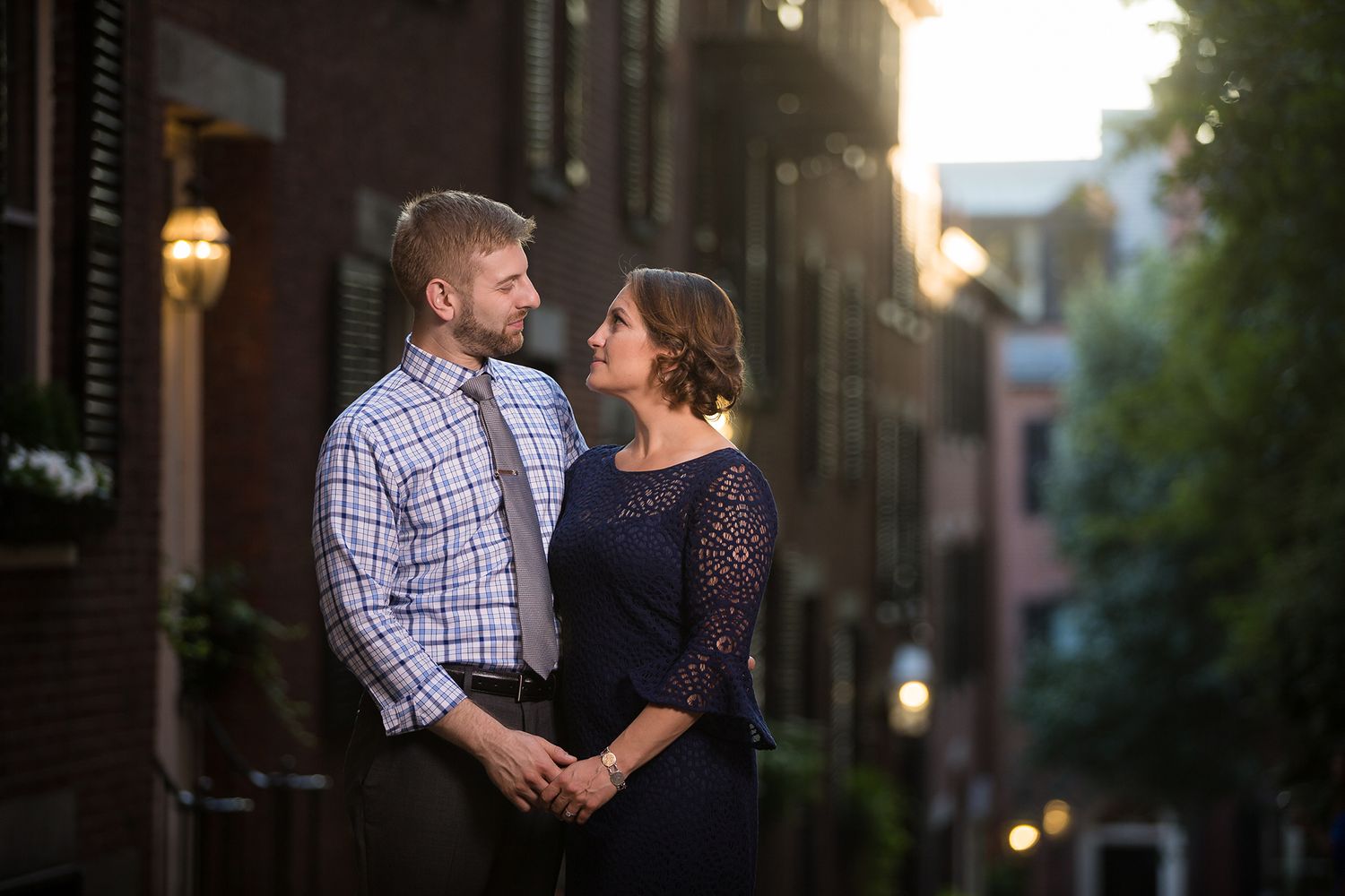 During their engagement Session on Acorn Street, the couple  take a moment to look longingly into each other eyes.