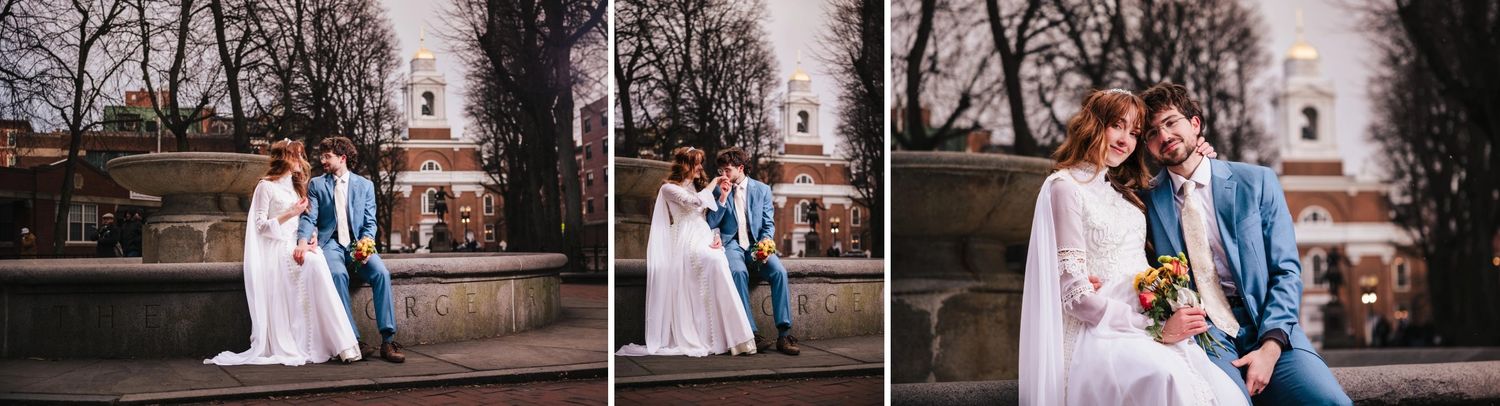 Bride and groom pose romantically at the fountain at Paul Revere Mall in Boston's North End