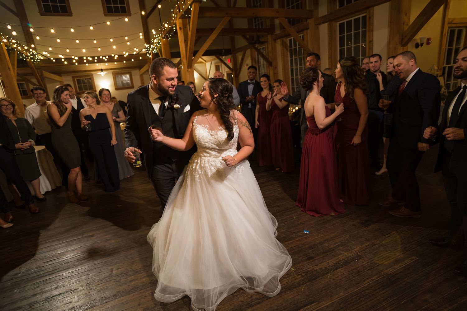 Very exciting dance floor at this wedding reception at Peirce Farm