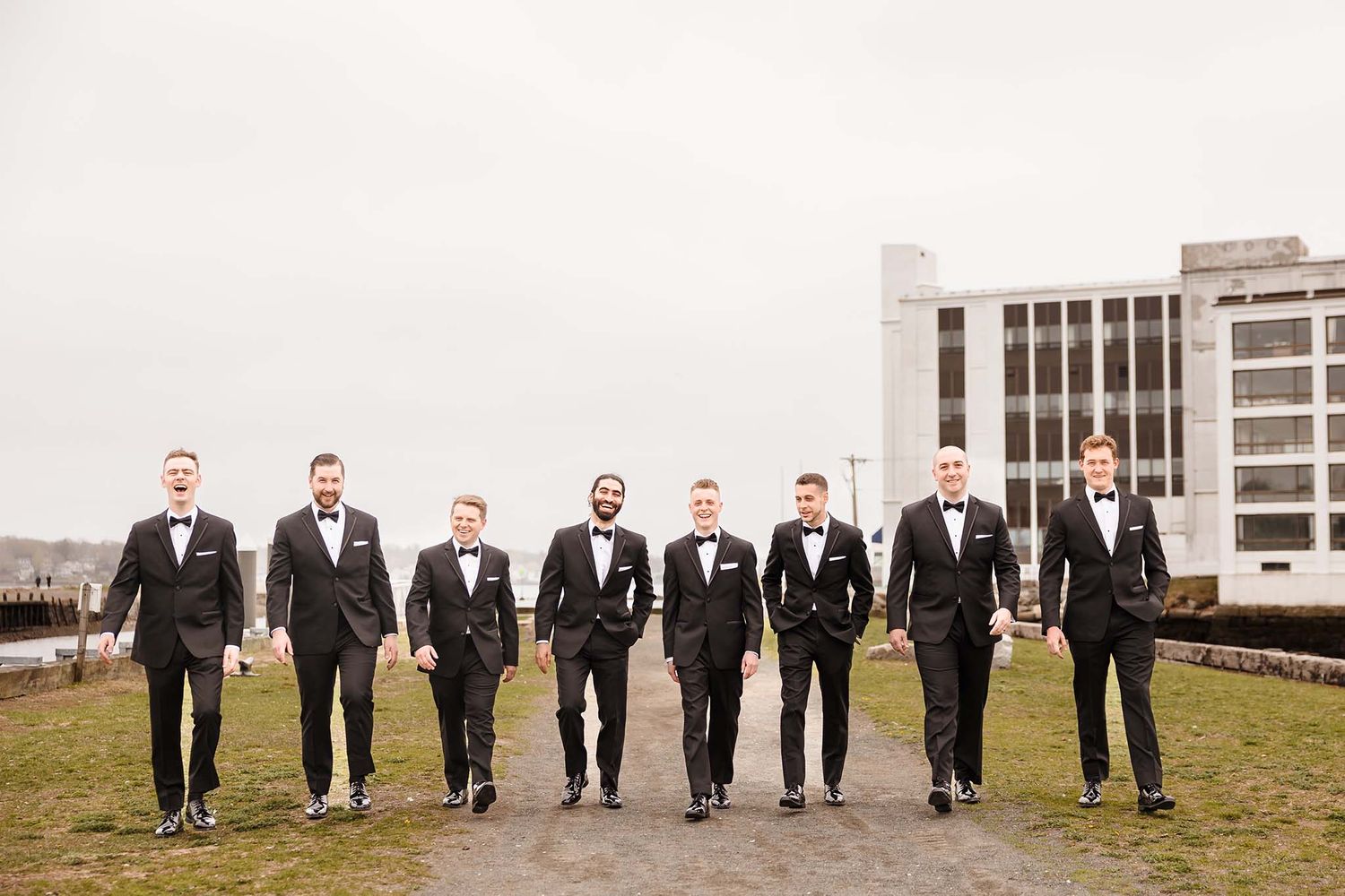 Formal portrait of the groom and his groomsmen before heading over to the Oceanview of Nahant for the wedding.