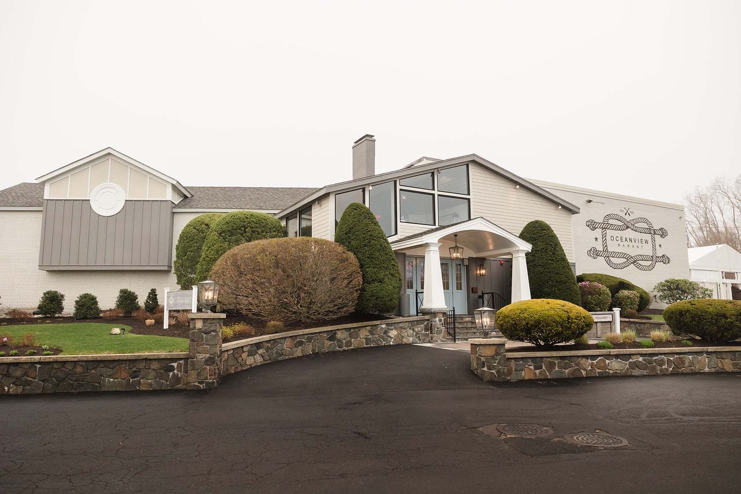 Exterior view of the Oceanview of Nahant on the wedding day.