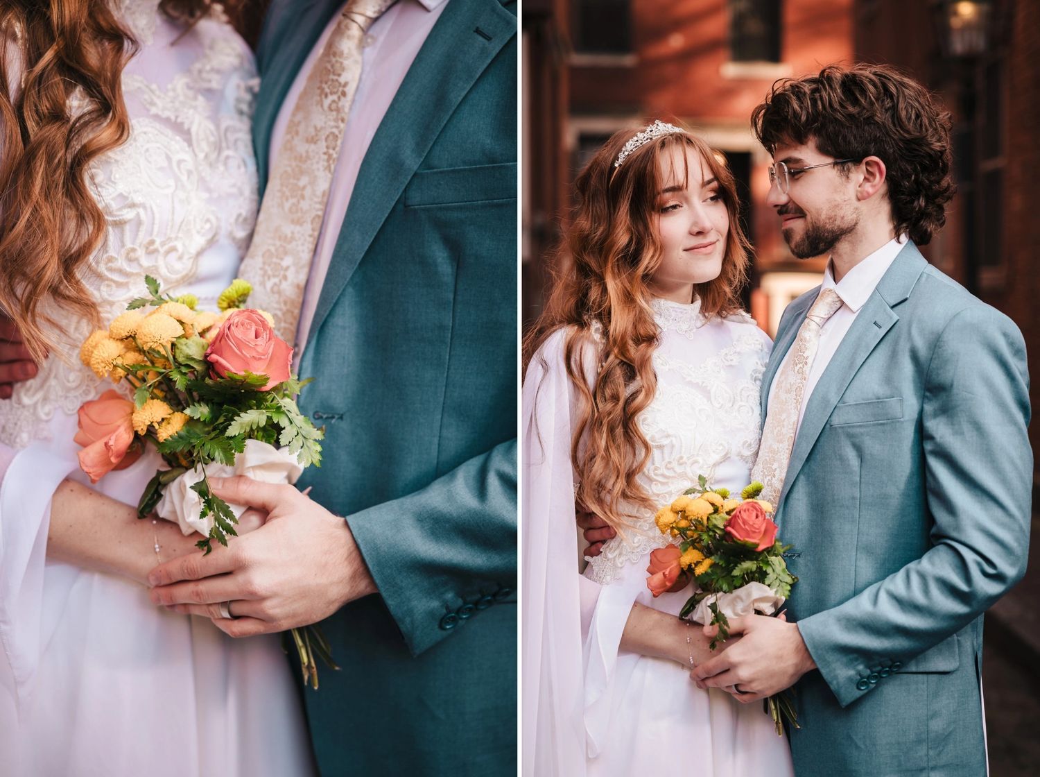 Groom gazes at bride during their elopement portrait session in Boston's North End Neighborhood.