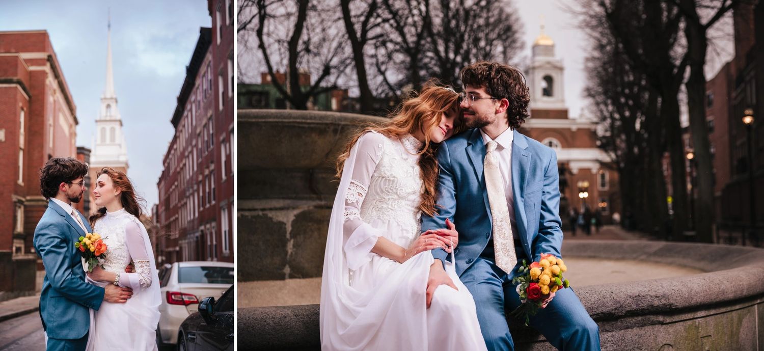 Bride and groom share a romantic kiss outdoors in Boston's North End Neighborhood during their elopement photo session