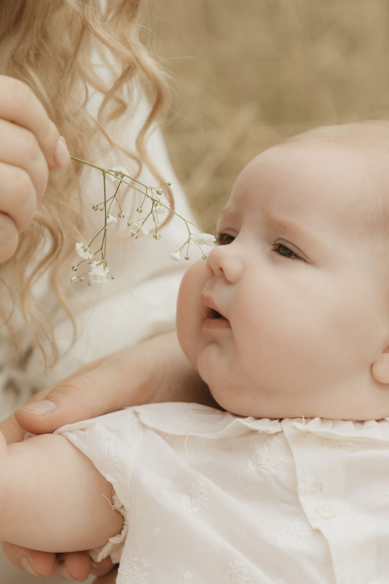 Baby in white dress reaching up to touch delicate flowers in soft sepia tones.