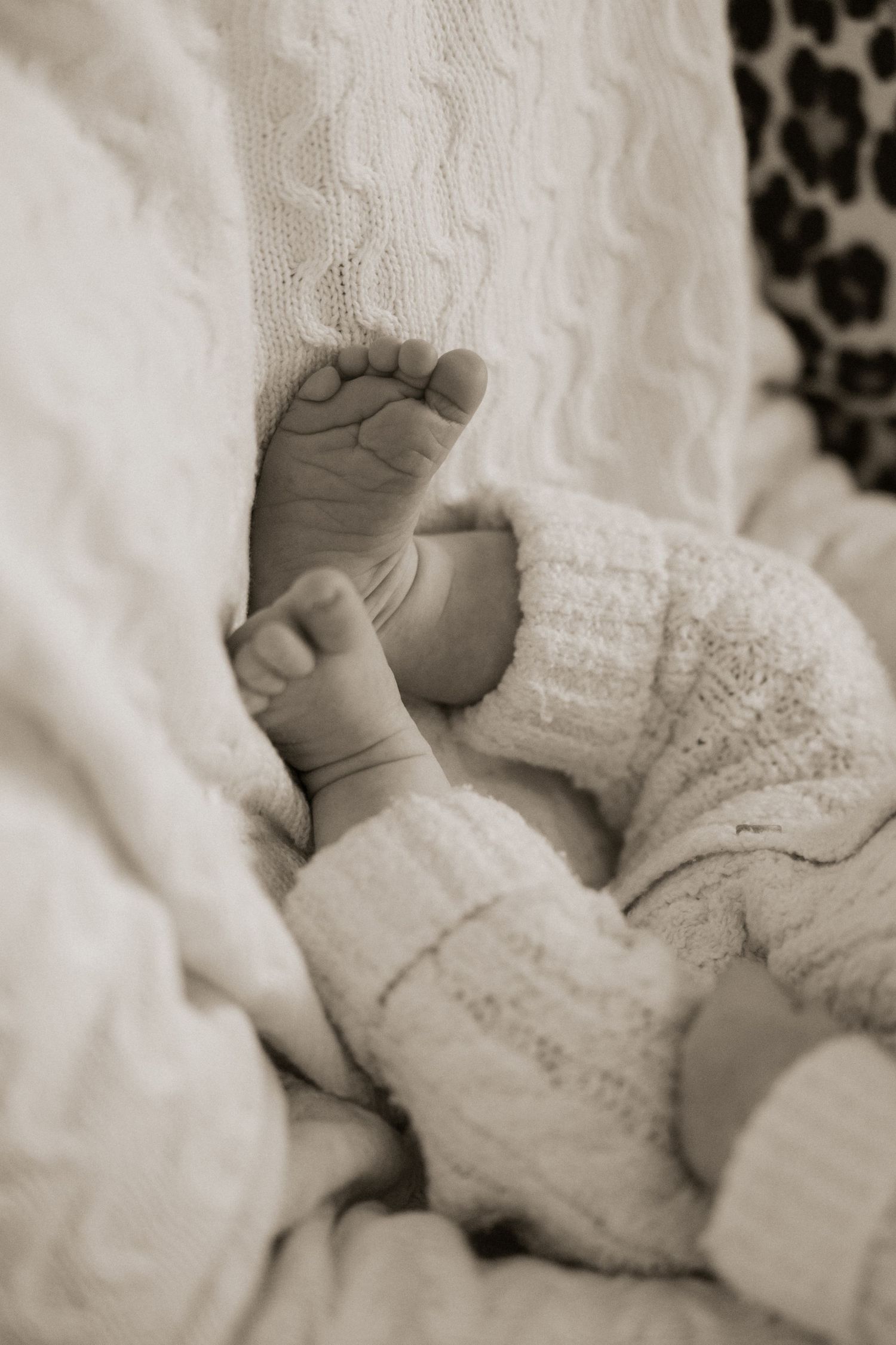 Close-up black and white photo of tiny baby feet in cozy white knit blankets on soft bedding.
