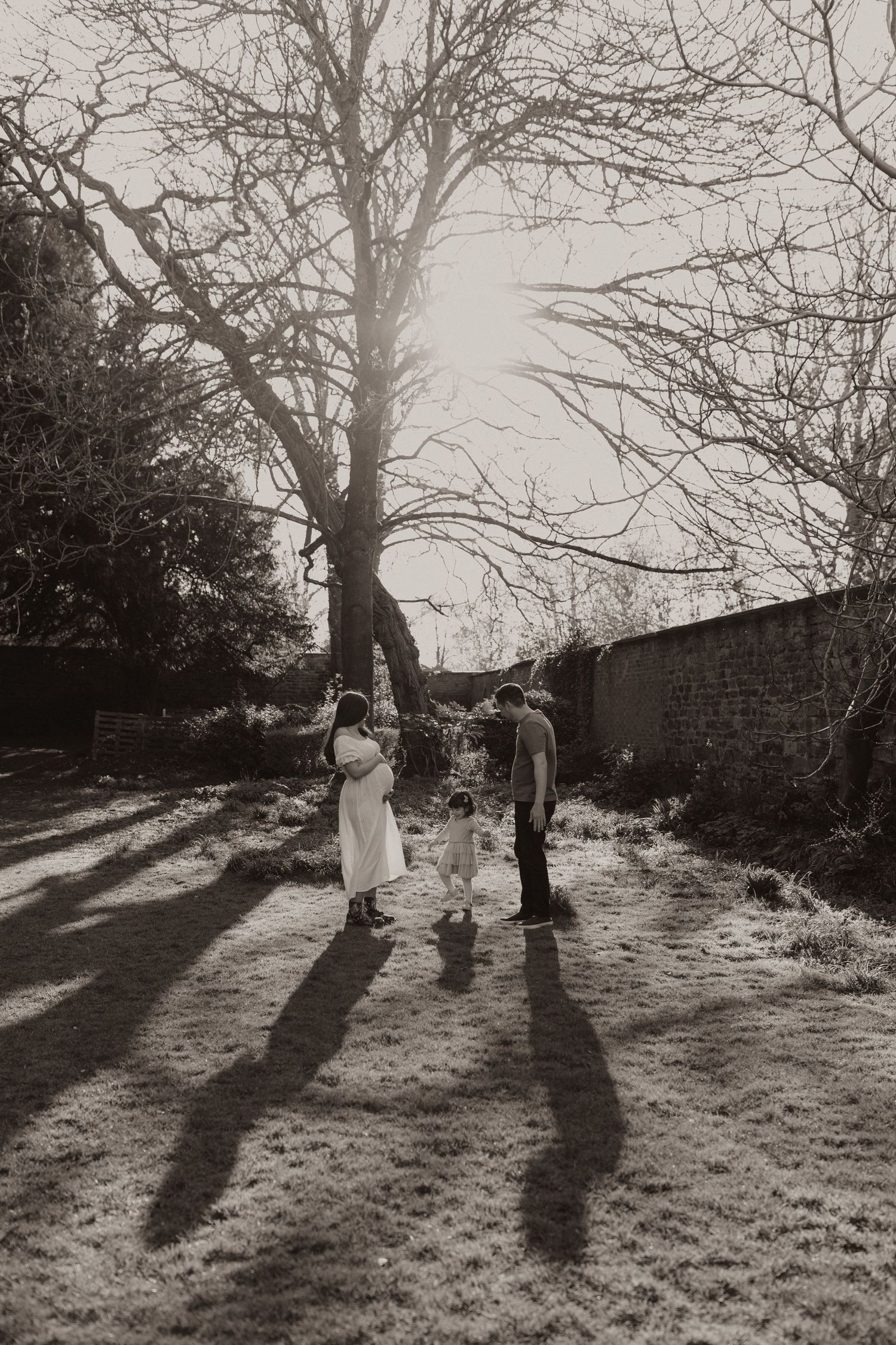 A black and white photograph shows two figures standing in a garden with dramatic long shadows cast by bare winter trees.