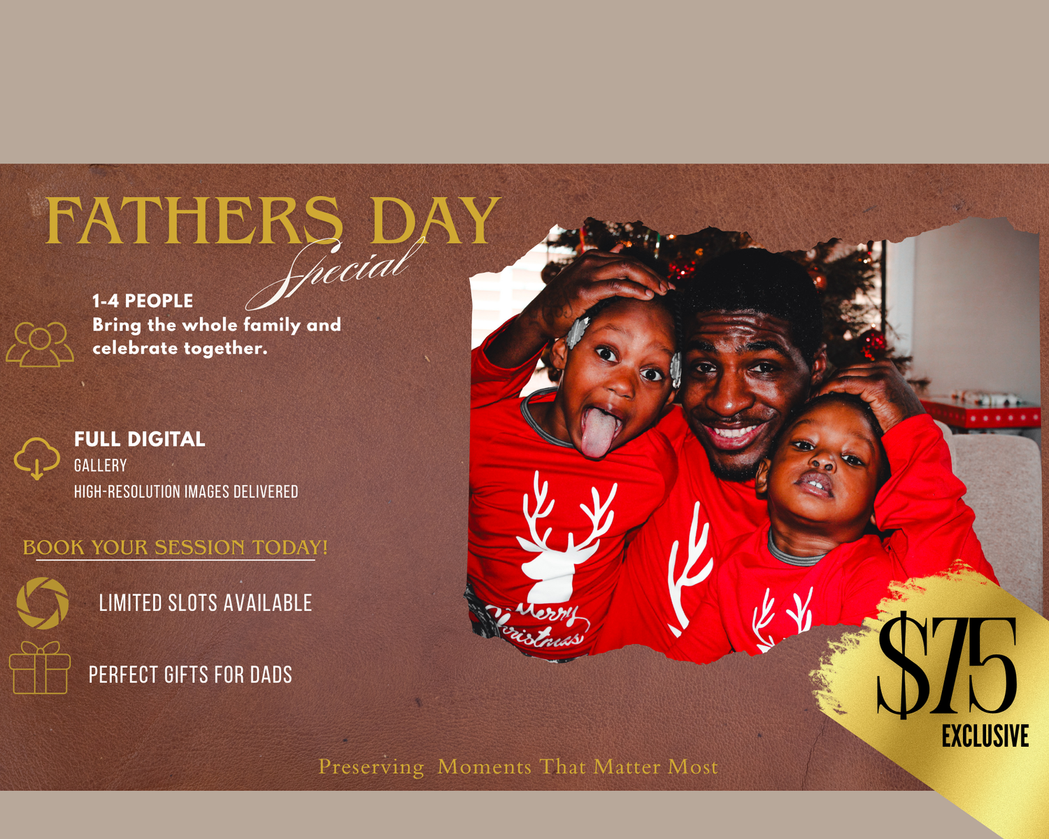 Father's Day special photography session promo featuring a joyful dad with two children in red outfits, $75 exclusive deal.